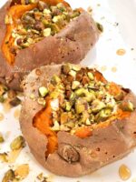 Jacket sweet potatoes stuffed with cheese, nuts and hot honey.