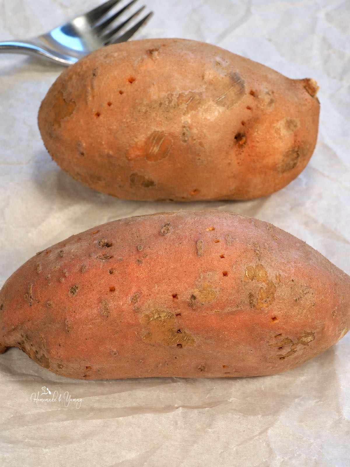 Getting sweet potatoes ready to bake.