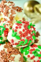 White chocolate popcorn balls the perfect holiday treat.