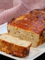 Ground chicken stuffing meatloaf topped with bbq sauce.
