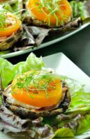 Portobello mushroom stacks on the grill.