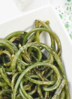 Charred grilled garlic scapes recipe.