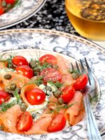 Smoked salmon salad recipe with cucumbers and a creamy dill dressing.