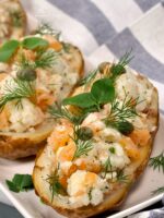 Twice baked potato stuffed with smoked salmon and cream cheese.