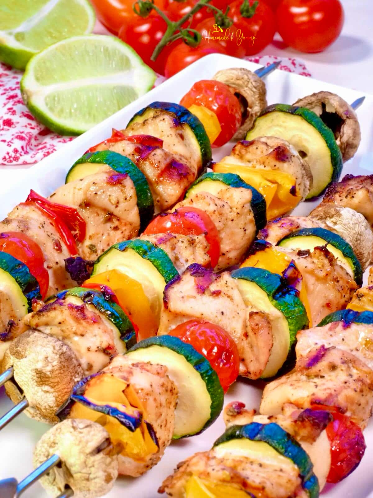 Grilled chicken and veggies skewers.