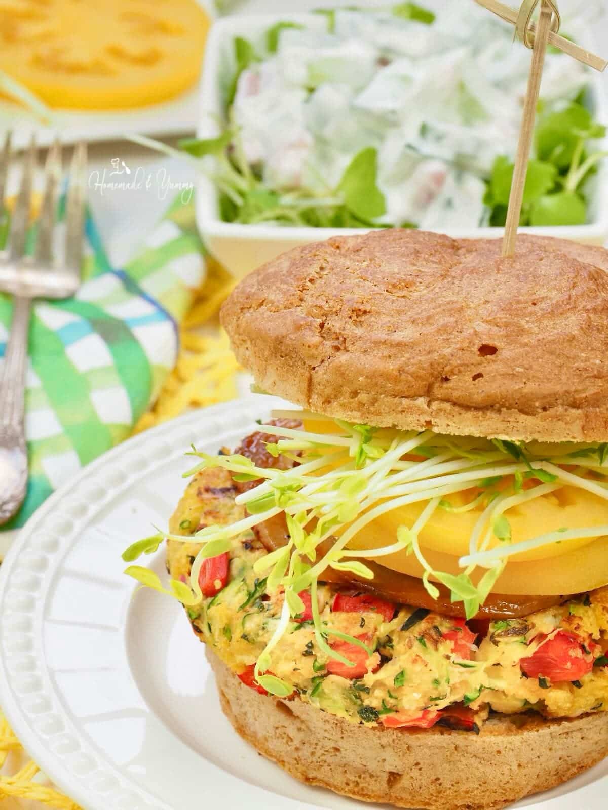 Zucchini Burger with Sriracha & Pancetta Burger made with garden fresh zucchini.