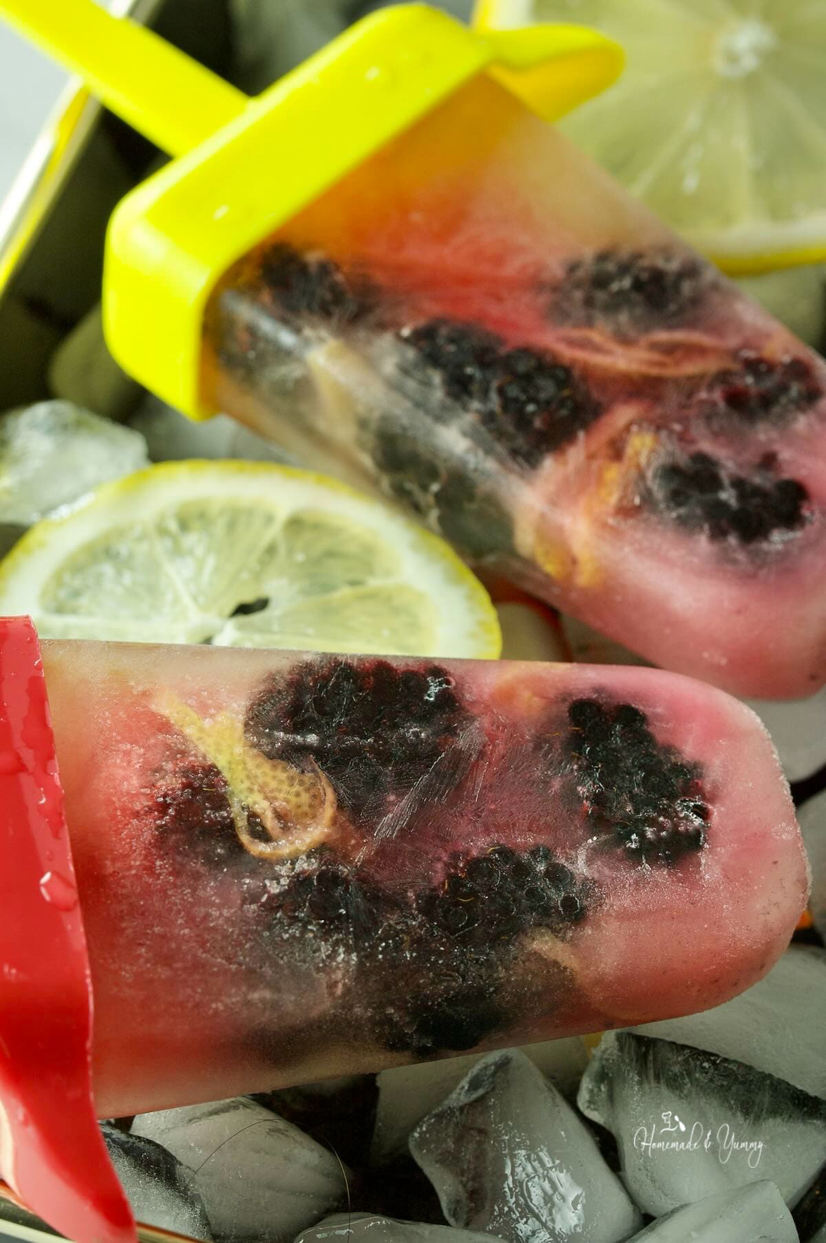 Homemade blackberry lemon ice pops.