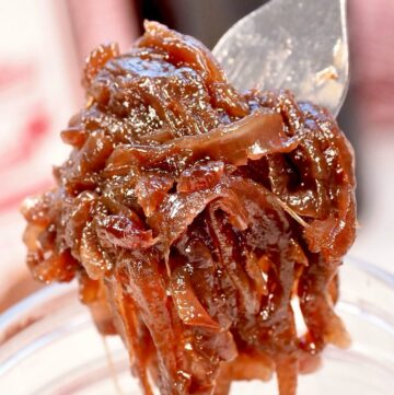 Caramelized onion jam on a fork.