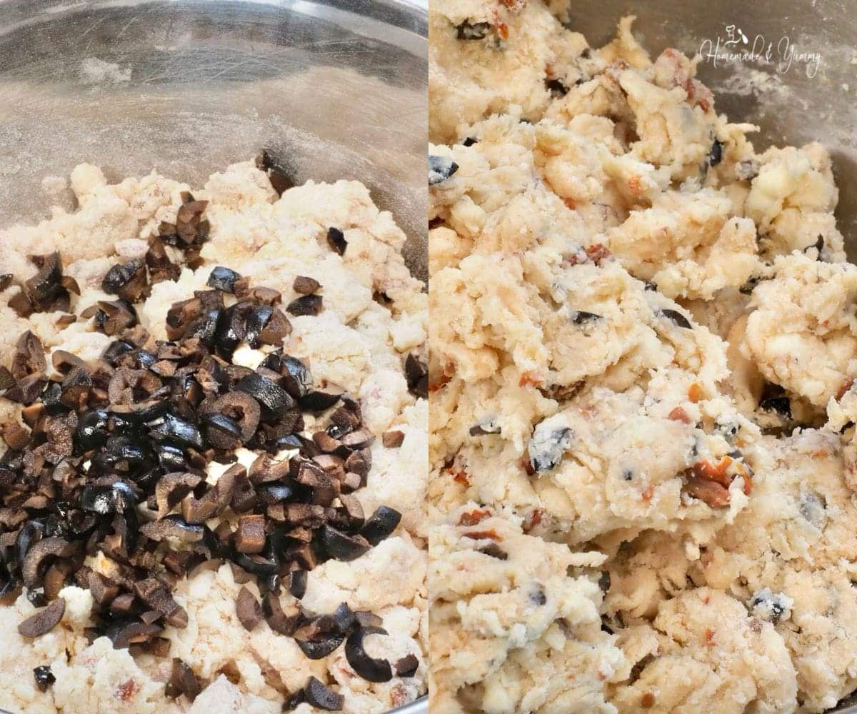 Mixing dough to make savoury scones.