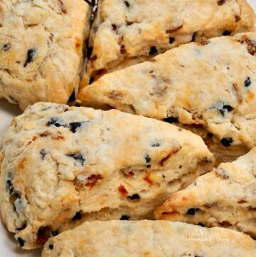 Savory scones recipe made with black olives and sun-dried tomatoes.