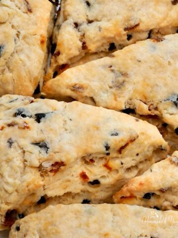 Savory scones recipe made with black olives and sun-dried tomatoes.
