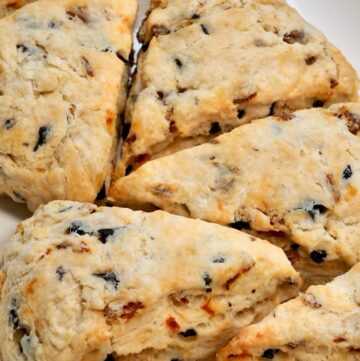 Homemade savory scones with sun-dried tomatoes and olives.