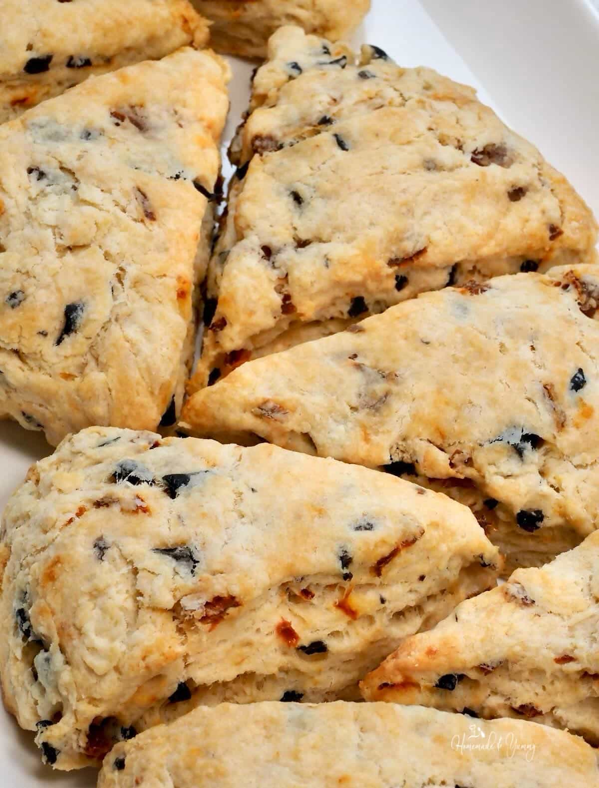 Homemade savory scones with sun-dried tomatoes and olives.