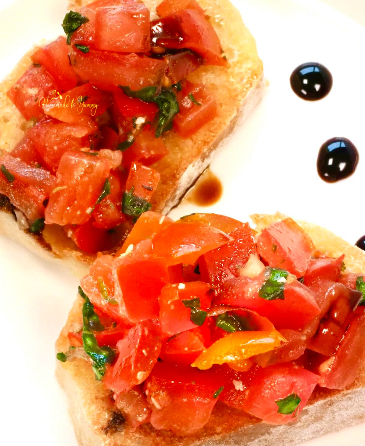 Homemade bruschetta using fresh tomatoes.