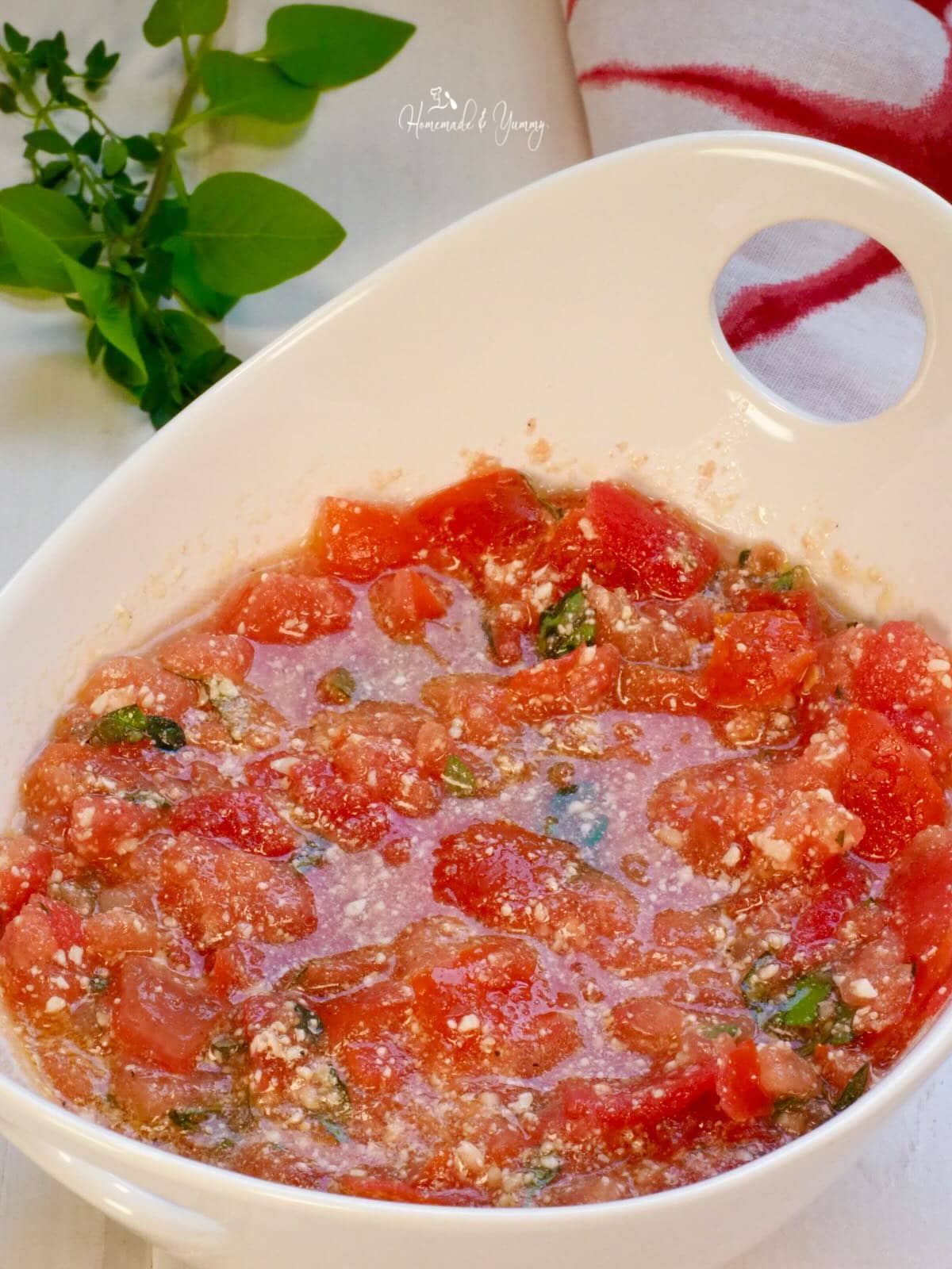 Pasta sauce with fresh tomatoes and herbs.
