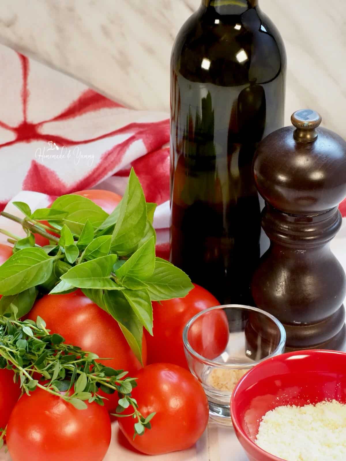 Ingredients to make a no-cook pasta sauce.