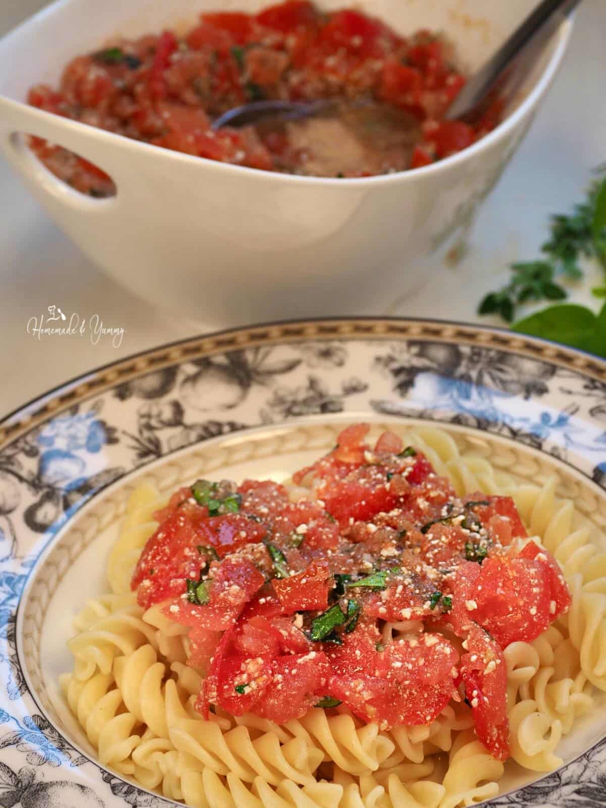 Cold pasta sauce with herbs.