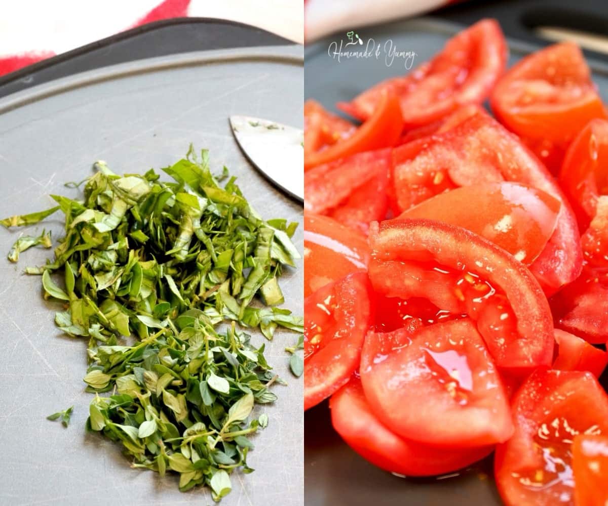 Fresh herbs and tomatoes on a cutting board.