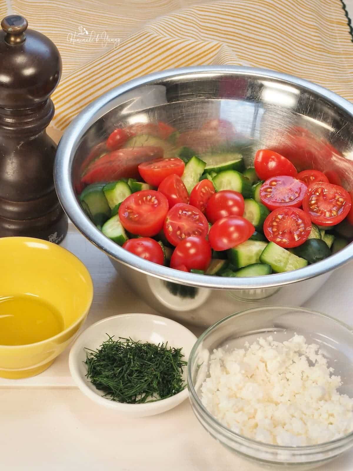 Tomato and cucumber salad prep.