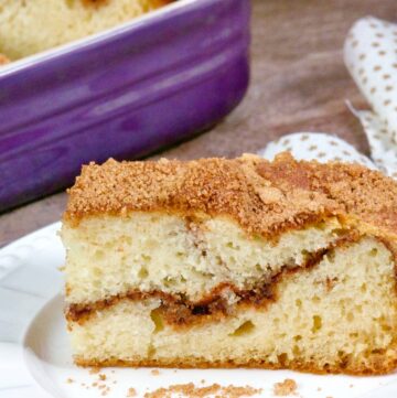 Old fashioned cinnamon coffee cake with crumb topping.