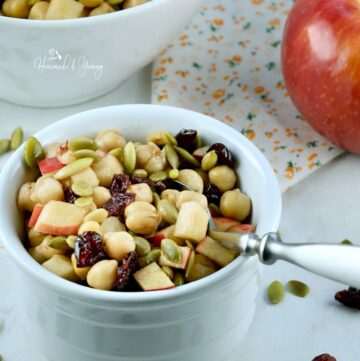 Chickpea apple salad with cranberries and pumpkin seeds.
