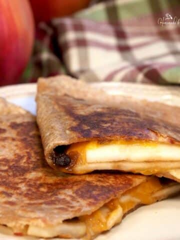 Apple grilled cheese quesadilla with onion jam.