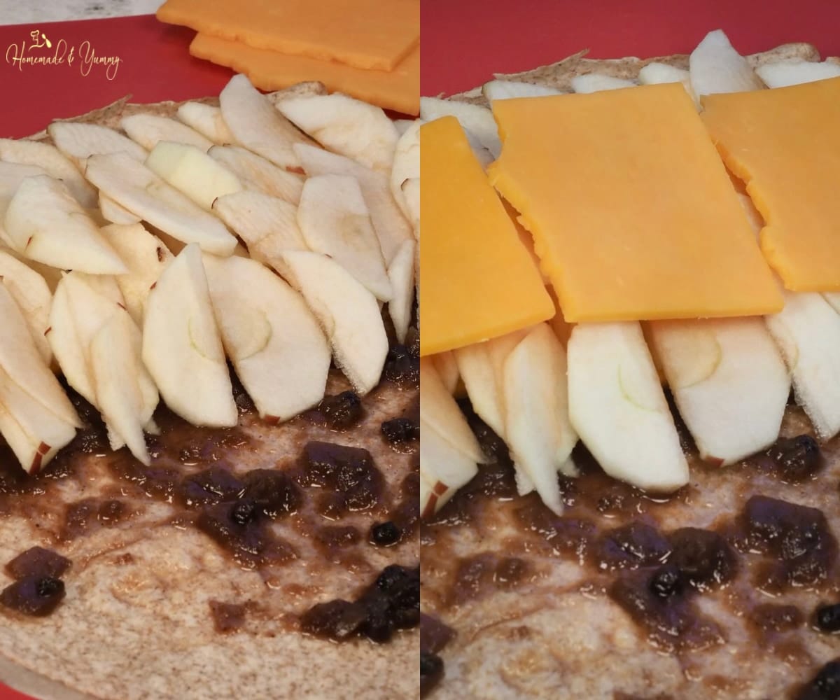 Sliced apples and cheddar cheese for grilled quesadilla.
