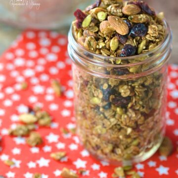 Holiday spiced granola in a jar.