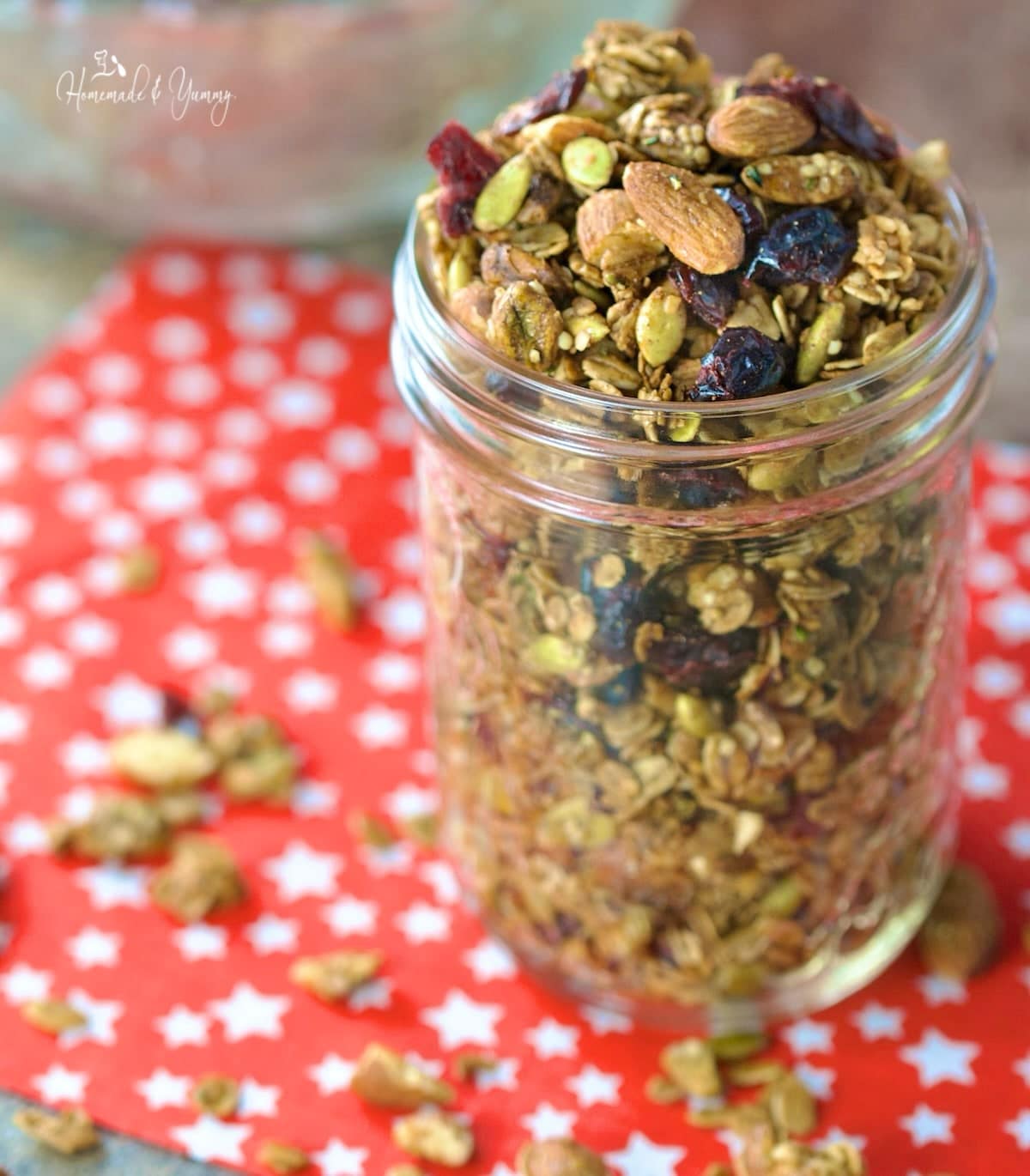Holiday spiced granola in a jar.