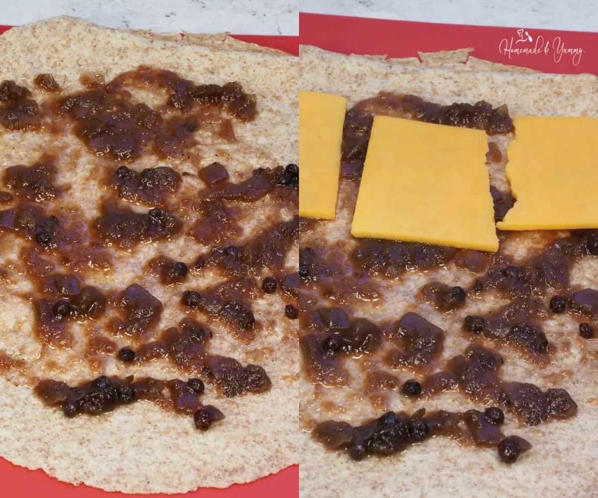Onion jam and cheese on a tortilla wrap.